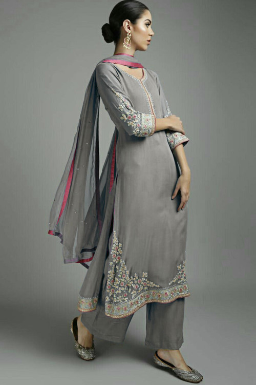 Grey Crepe Straight Suit With Trouser for Eid