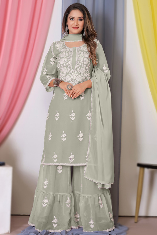 Grey Thread Embroidered Georgette Sharara Suit 