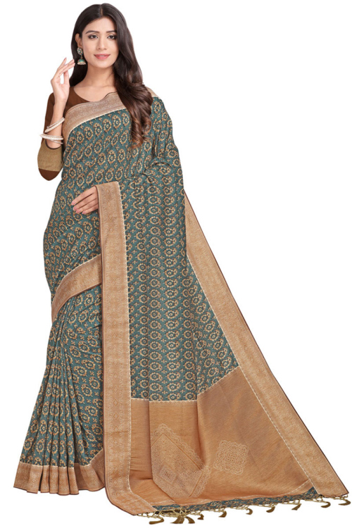 Grey Tussar Silk Saree With Tussar Silk Blouse