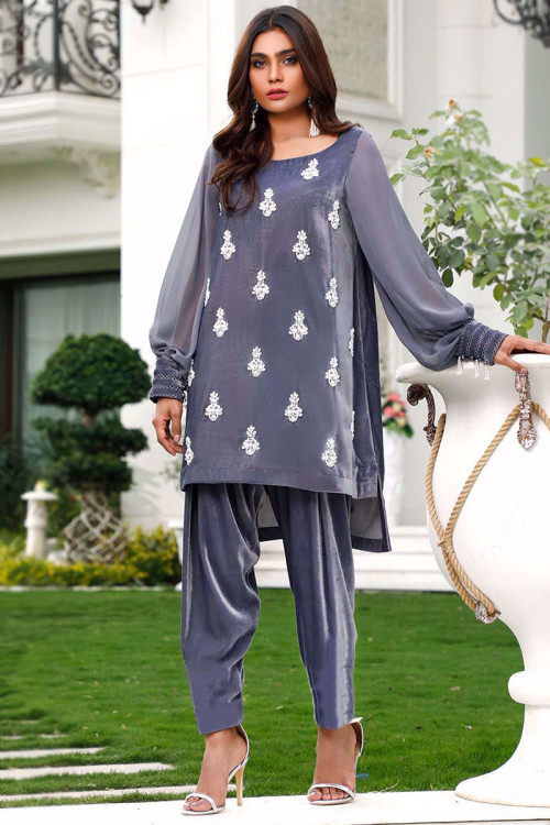 Grey Velvet Straight Cut Embroidered Patiala Suit