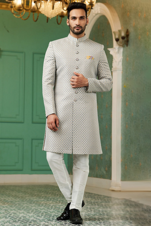 Grey Weaved Zari Jacquard Wedding Wear Men's Sherwani 