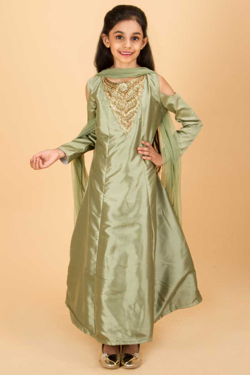 Zari Embroidered Bottle Green Anarkali Suit With Net Dupatta