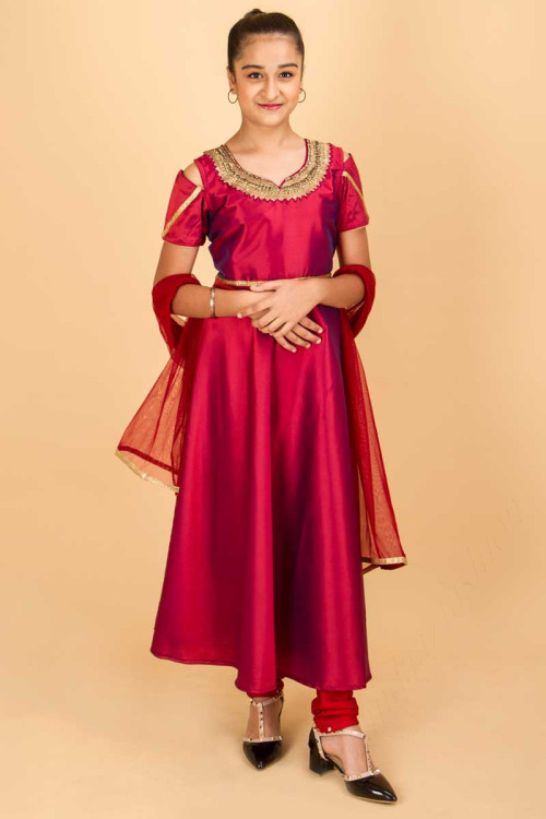 Chilly Red Anarkali Suit With Zari And Resham Work