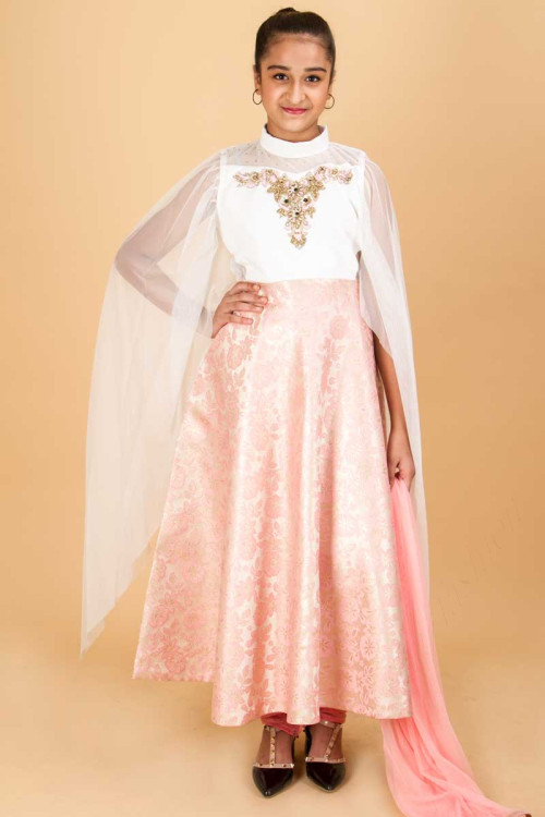 White And Light Pink Colored Chinese Color Anarkali Suit For Eid
