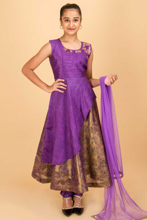 Purple Brown Anarkali Suit With Embroidery On The Top