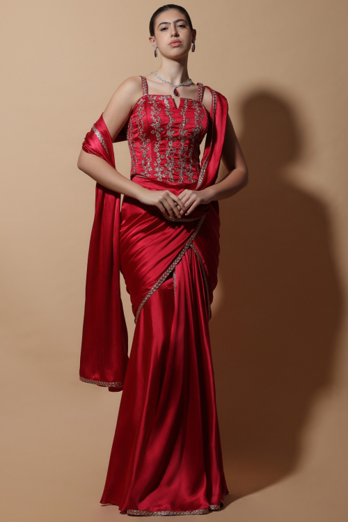 Cherry Red Satin Pre-Stitched Saree with Dori Embroidered Corset