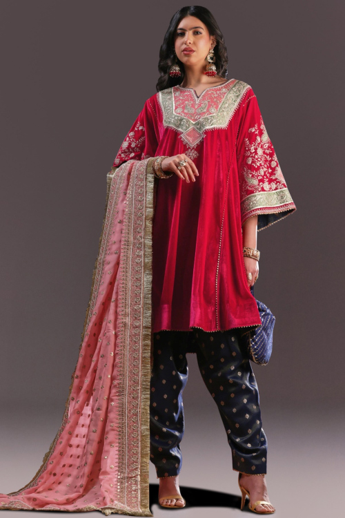 Velvet Rani Pink Wedding Wear Choga Kurta Set with Dori Embroidery