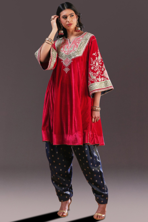 Dark Pink Velvet Handcrafted Beads Embroidered Modest Choga Kurta Set