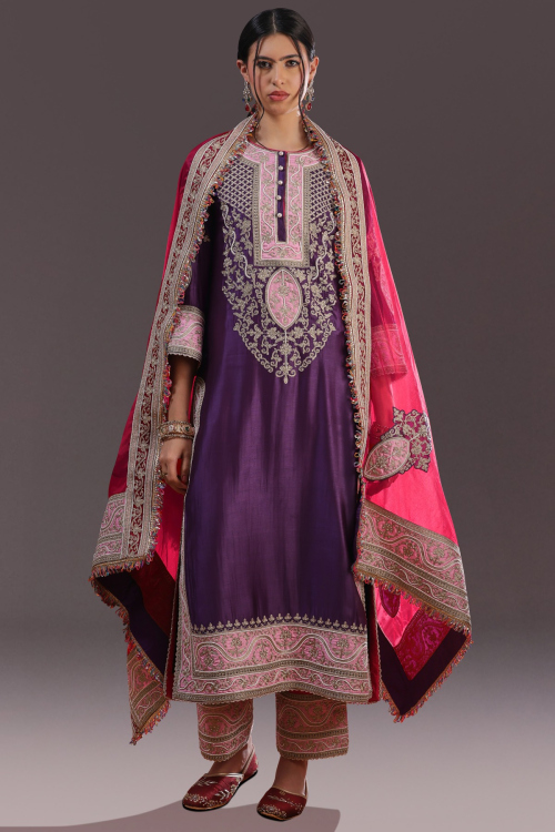 Plum Purple Silk Festive Wear Straight Cut Kurta Set with Beads Embroidery