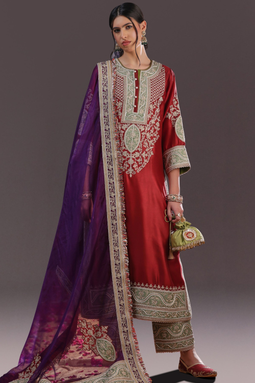 Cherry Red Silk Festival Wear Straight Pant Suit with Dori Embroidery