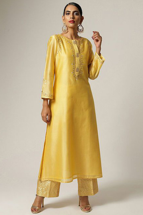 Hand Work Embroidered Organza Yellow Trouser Suit