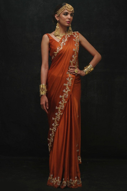 Hand Work Embroidered Silk Rust Orange Saree