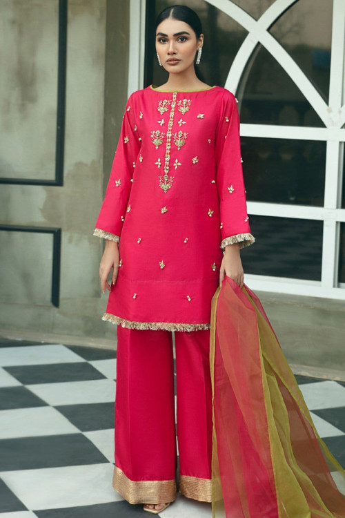 Hand Work Embroidered Silk Cerise Pink Trouser Suit