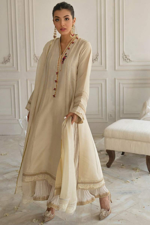 Hand Work Embroidered Silk Off White Sharara Suit