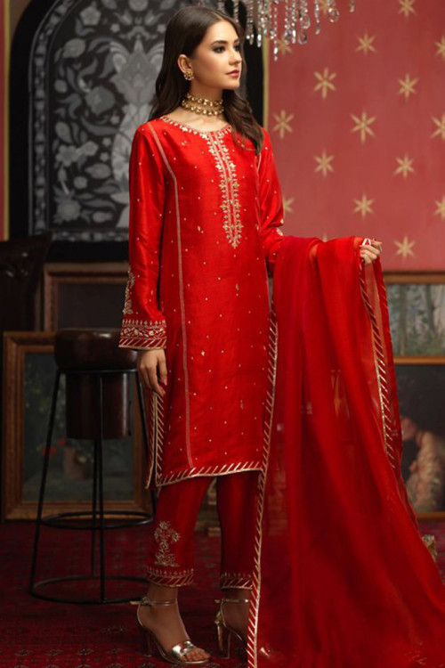 Hand Work Embroidered Silk Red Wedding Trouser Suit