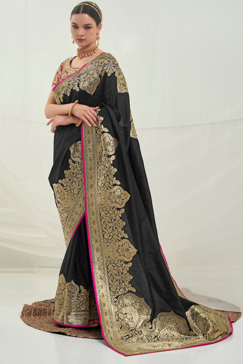 Maheshwari Handloom Black Saree One Side Chatai Border