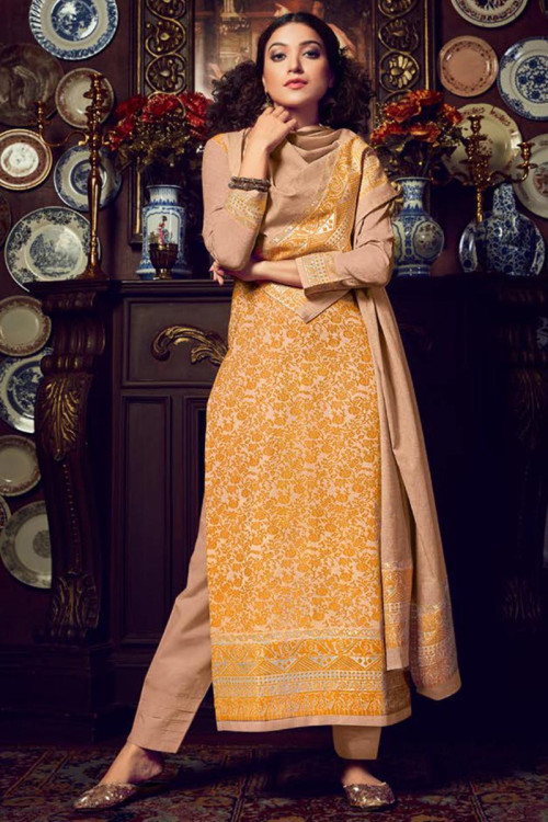 Handloom Indian Trouser Suit In Chiku Colour