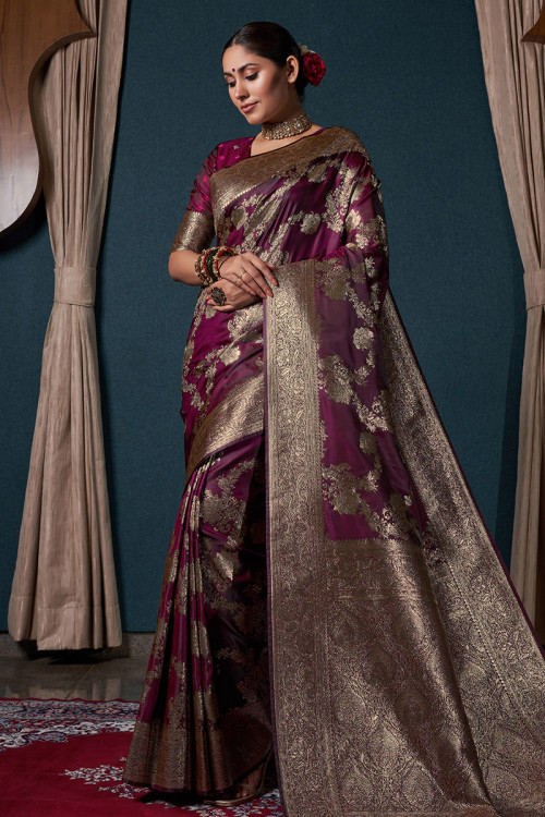 Handloom Silk Plum Purple Weaved Zari Banarasi Silk Saree 