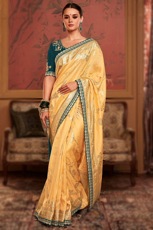 Heavy Art Silk Trombone Yellow Saree With Woven Zari 