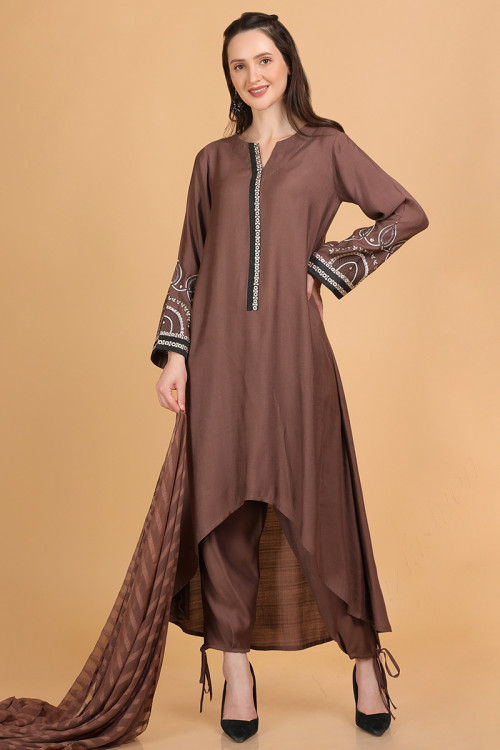 High Low Resham Thread Embroidered Brown Trouser Suit for Eid