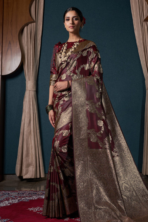 Hnadloom Burgundy Maroon Banarasi Silk Weaved Zari Saree 