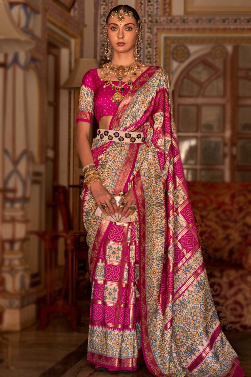 Hot Pink Art Silk Bandhej Print Traditional Saree 