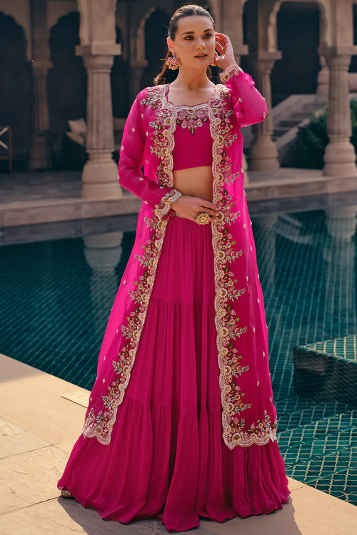 Hot Pink Chinnon Lehenga with Zari Work for Weddings