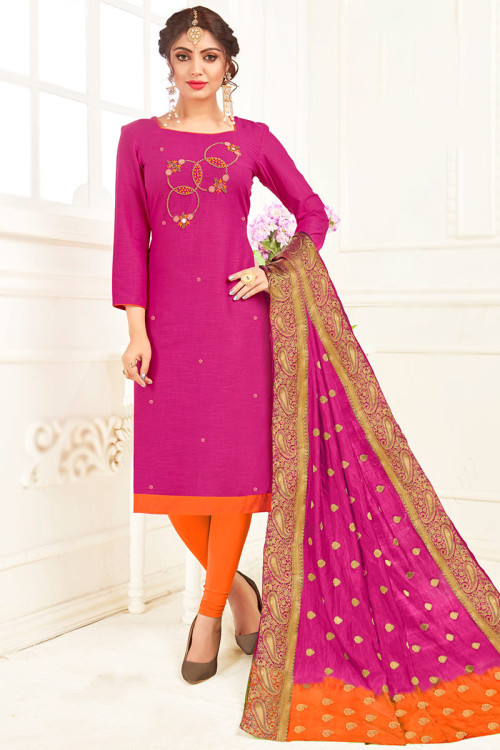 Hot Pink Cotton Embroidered Churidar Suit