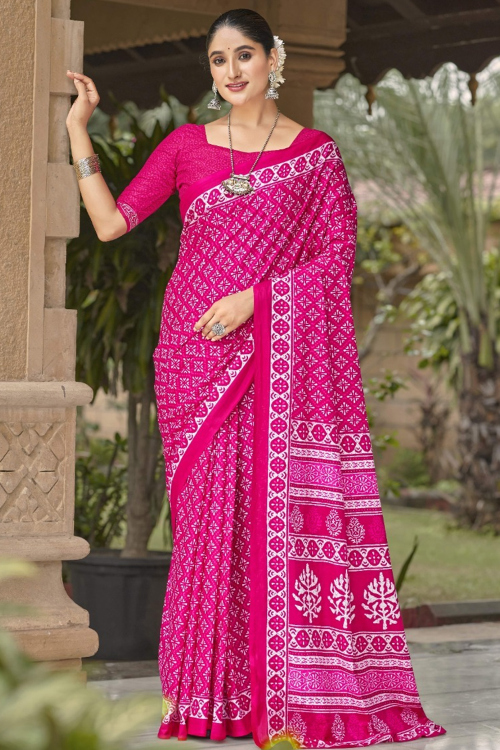 Hot Pink Cotton Printed Casual Wear Saree 