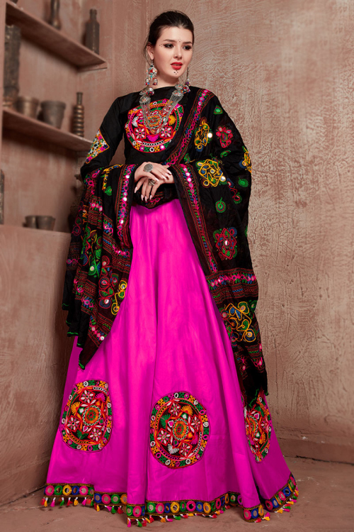 Hot Pink Silk Patch Embroidered Flared Lehenga