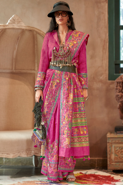 Hot Pink Cotton Silk Printed Broad Border Saree 
