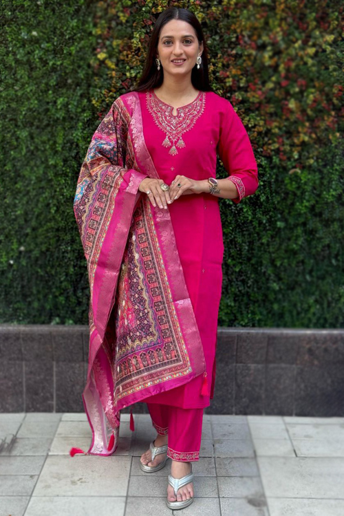 Hot Pink Cotton Silk Trouser Suit With Sequins Work For Festival