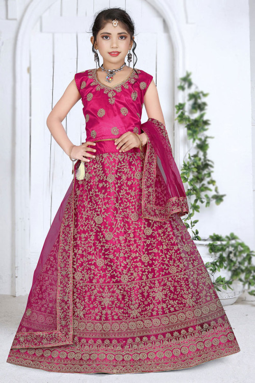 Buy Pink Organza And Dupion Embellishment One Shoulder Blouse & Lehenga Set  For Girls by Lil Angels Online at Aza Fashions.