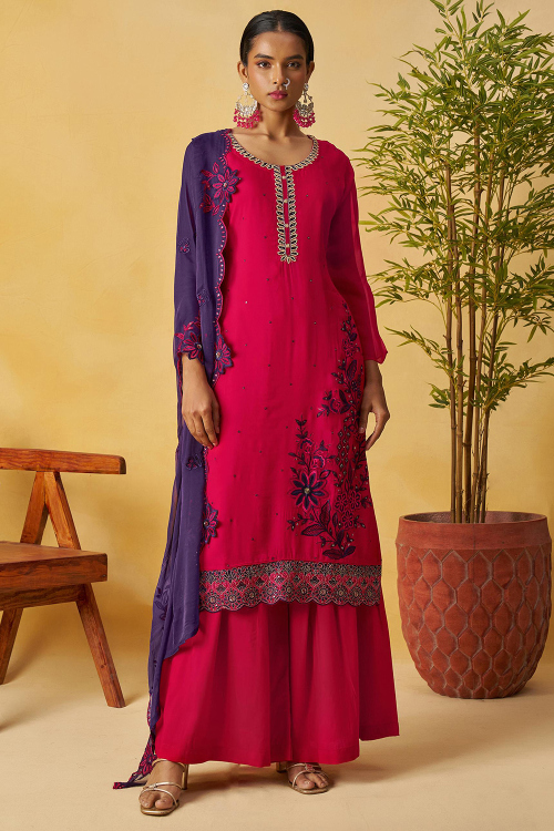 Hot Pink Georgette Beads Straight Cut Palazzo Suit 