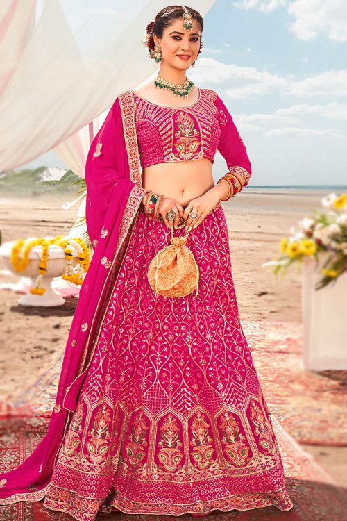 Hot Pink Georgette Embroidered Lehenga