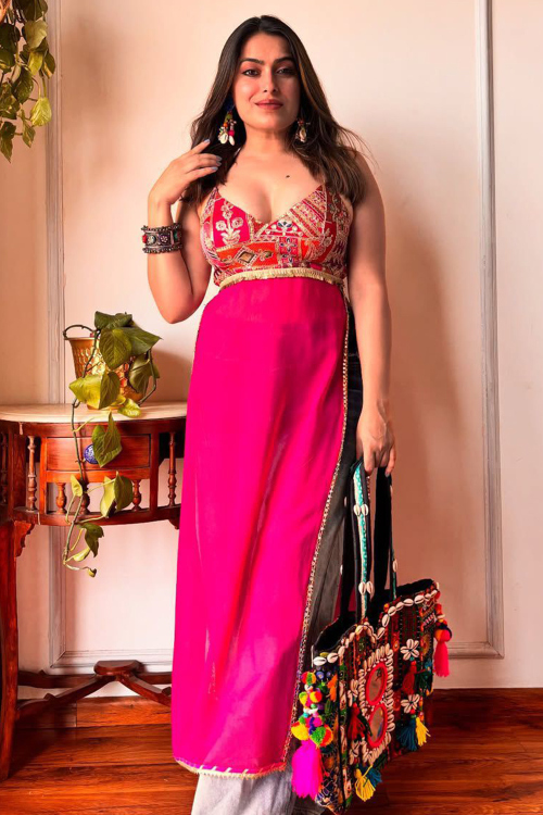 Hot Pink Georgette Kurti With Sequins Work For Festival