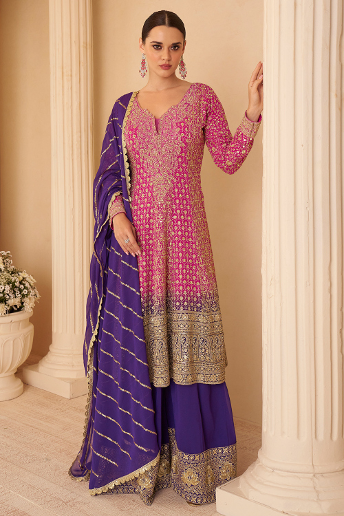 Hot Pink Georgette Palazzo Suit With Zari Work For Festival