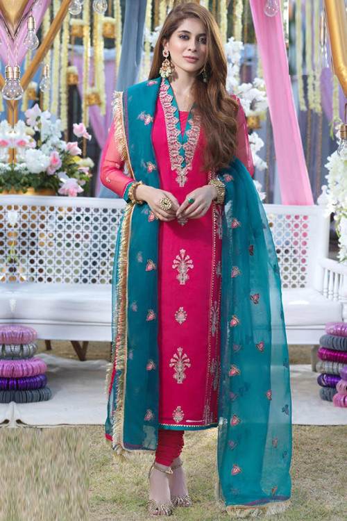 Hot Pink Organza Embroidered Churidar Suit