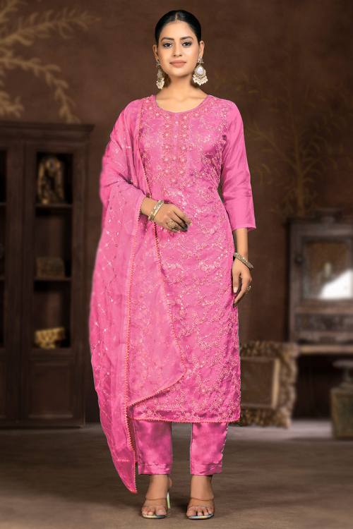 Hot Pink Organza Embroidered Straight Cut Trouser Suit