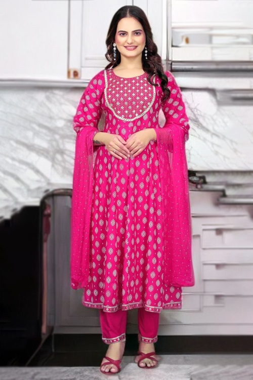 Hot Pink Rayon Ready Made Printed Frock Style Trouser Suit