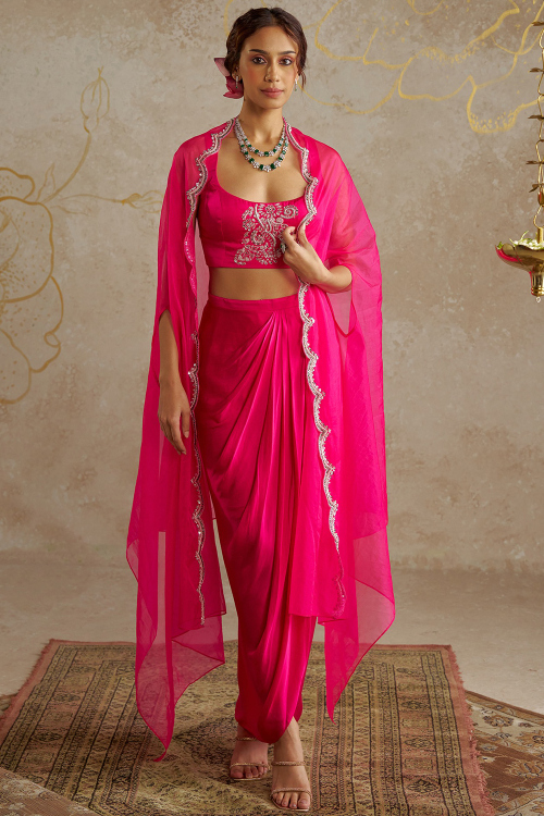 Hot Pink Satin Dhoti Style Lehenga with Zari Work for Diwali Party