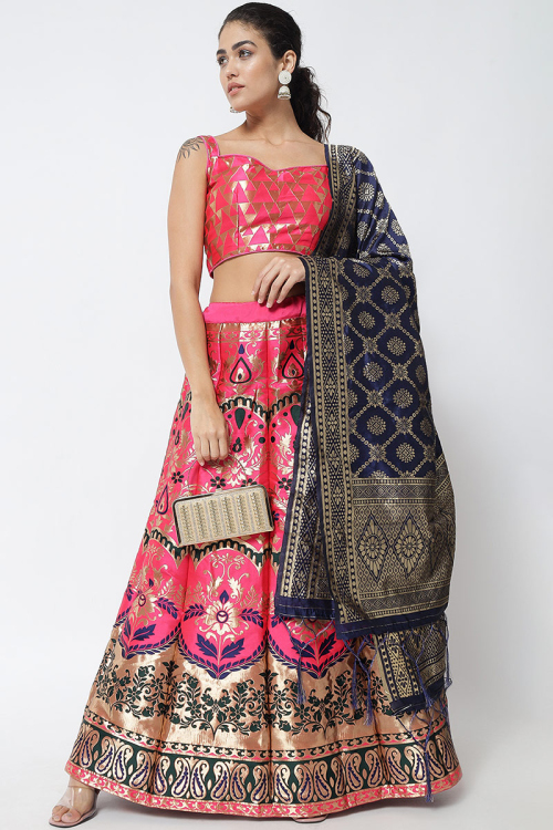 Hot Pink Silk Banarasi Silk Lehenga
