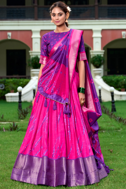 Hot Pink Silk Blend Lehenga With Printed Work For Diwali
