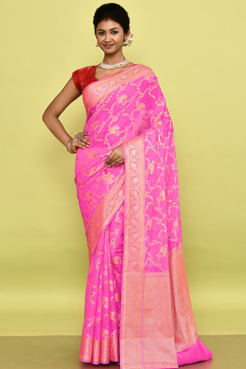 Hot Pink Silk Blend Saree With Weaved Work For Festival