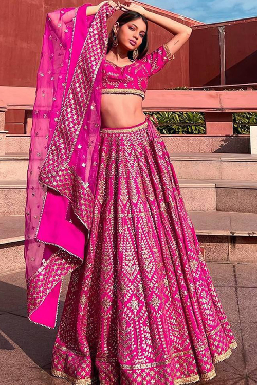 Hot Pink Silk Dori Embroidered Panelled Style Lehenga