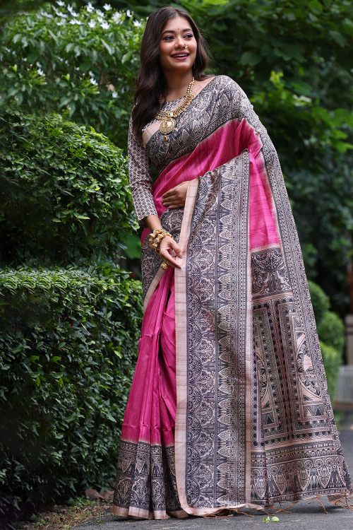 Hot Pink Silk Printed Light-Weight Saree