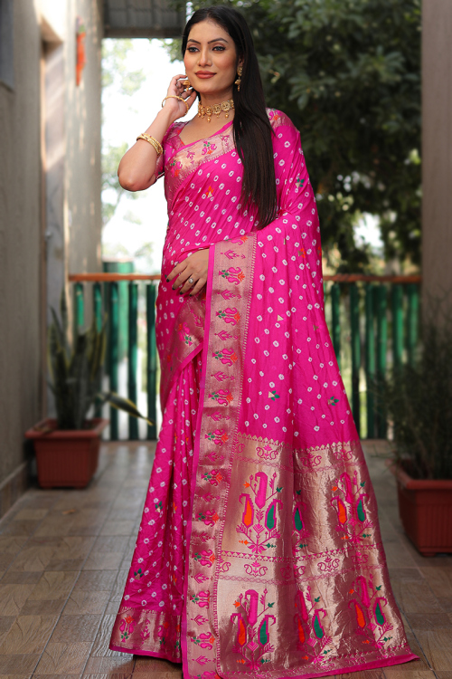 Pink Silk Woven Zari Work Broad Border Saree