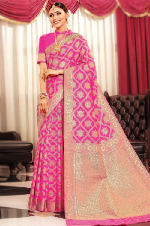 Buy White Banarasi Silk Saree with Pink Border Online | Bridal Sale – Sunasa