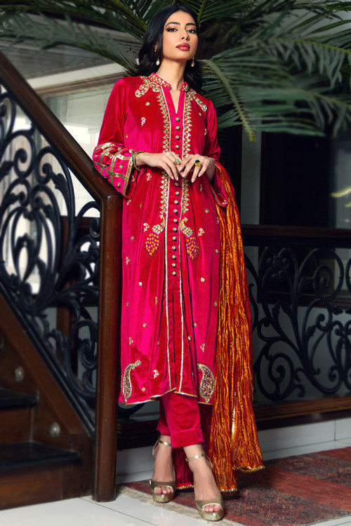 Hot Pink Velvet Calf Length Pakistani Trouser Suit