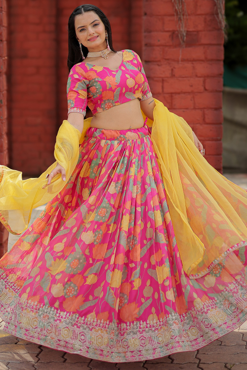 Hot Pink Viscose Printed Flared Style Lehenga 